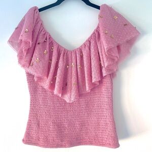 Maeve for Anthropologie Pink Ruffle Top